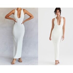 House of CB Eleanora Plunge Maxi Dress Women Size‎ L+ Ivory EXCELLENT